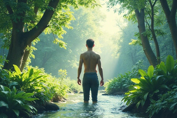 Ilustración de un hombre en armonía con la naturaleza, rodeado de plantas y elementos orgánicos, simbolizando la conexión y el bienestar.