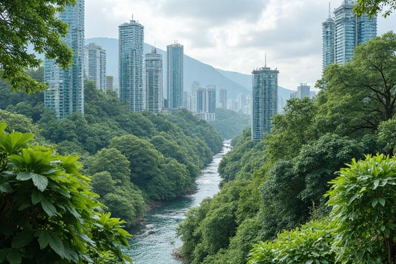 Representación de un futuro sostenible con tecnologías verdes y naturaleza exuberante, simbolizando la visión de Hombre Natura.