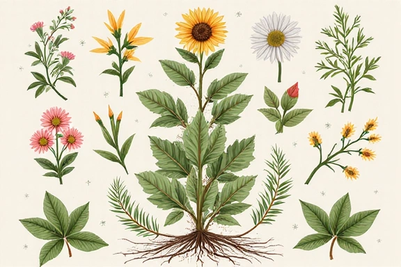 Ilustración de botánicos y elementos naturales que representan la pureza y la misión de Hombre Natura