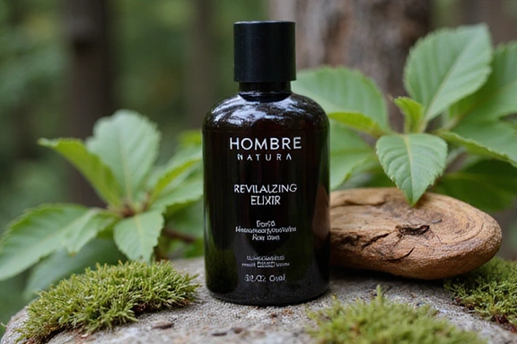 Elixir Revitalizante Hombre Natura en frasco de vidrio oscuro con detalles de madera, sobre una superficie rústica de piedra.