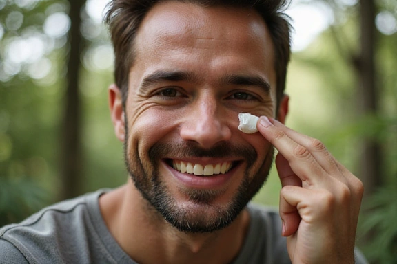 Hombre aplicando el Elixir Revitalizante Hombre Natura en su rostro, con expresión de satisfacción y bienestar, en un entorno natural y sereno.