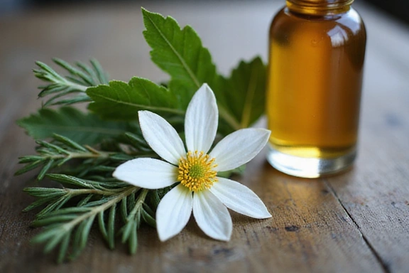 Primer plano de los ingredientes naturales del Elixir Revitalizante: hojas de roble, agujas de abeto y una flor de edelweiss, con el frasco del producto desenfocado al fondo.