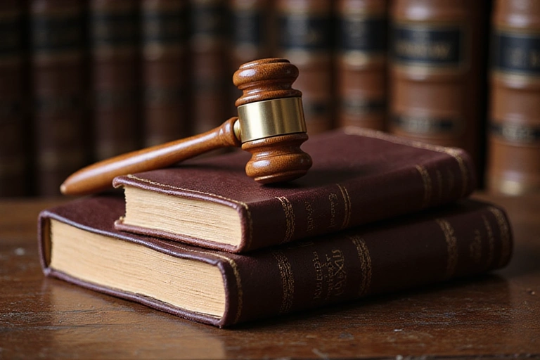 Gavel and legal books on a dark wooden table, symbolizing justice and legal framework.