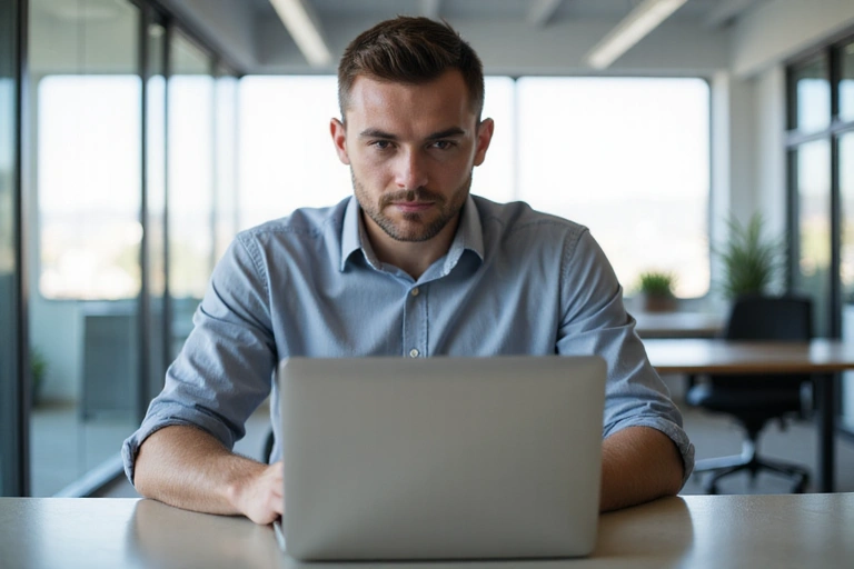Man using a laptop responsibly, representing ethical website usage.