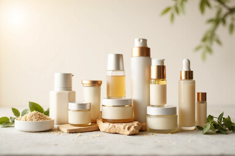 Various natural cosmetic products on a clean, minimalist background, emphasizing quality and presentation.